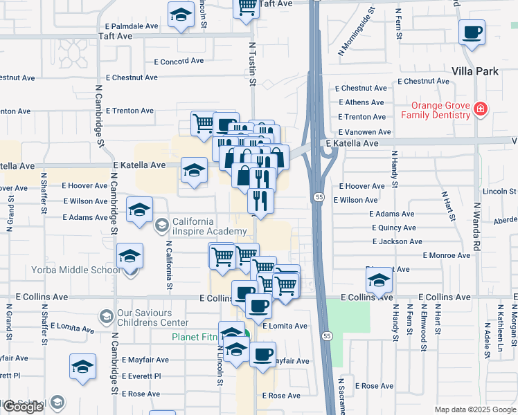 map of restaurants, bars, coffee shops, grocery stores, and more near 1161A North Tustin Street in Orange