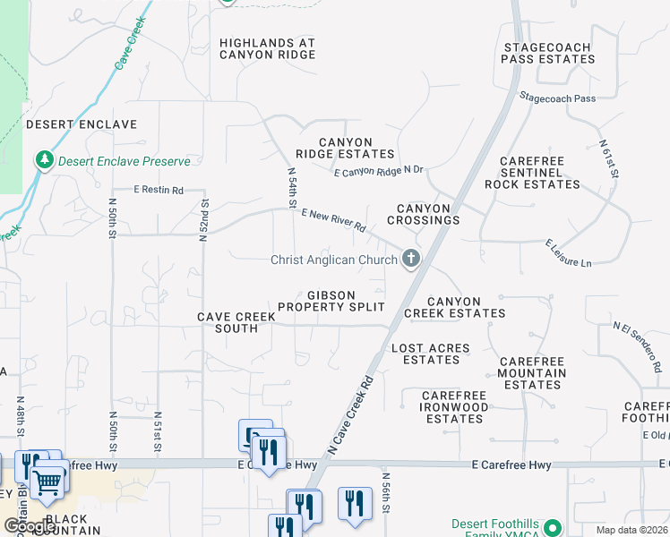 map of restaurants, bars, coffee shops, grocery stores, and more near 35417 North 54th Street in Cave Creek