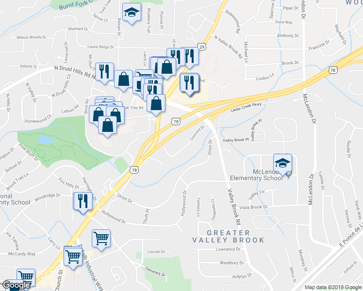 map of restaurants, bars, coffee shops, grocery stores, and more near 2888 Concord Drive in Decatur