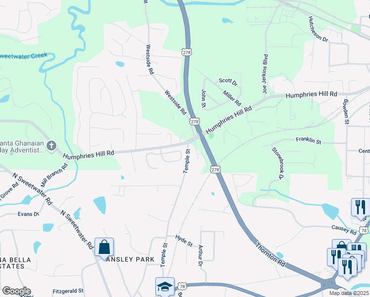 map of restaurants, bars, coffee shops, grocery stores, and more near 2150 Bonny Glen Circle in Austell
