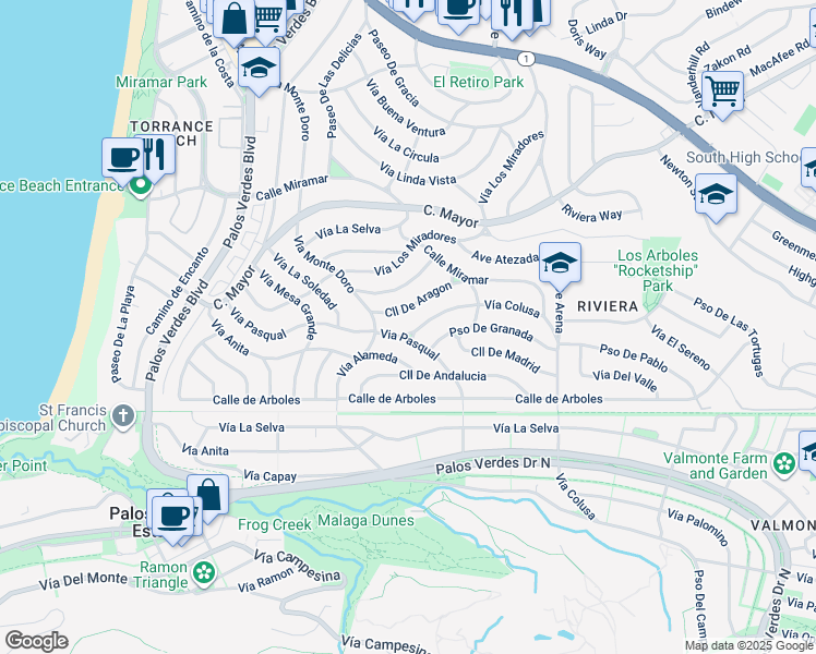 map of restaurants, bars, coffee shops, grocery stores, and more near 109 Vía Colusa in Redondo Beach