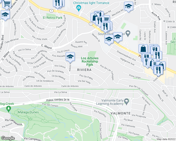 map of restaurants, bars, coffee shops, grocery stores, and more near 5306 Calle De Ricardo in Torrance