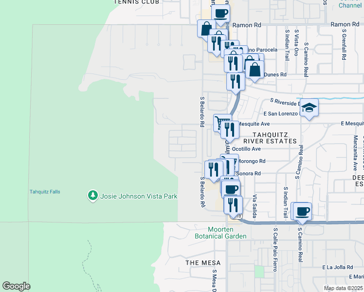 map of restaurants, bars, coffee shops, grocery stores, and more near 429 Onyx Drive in Palm Springs