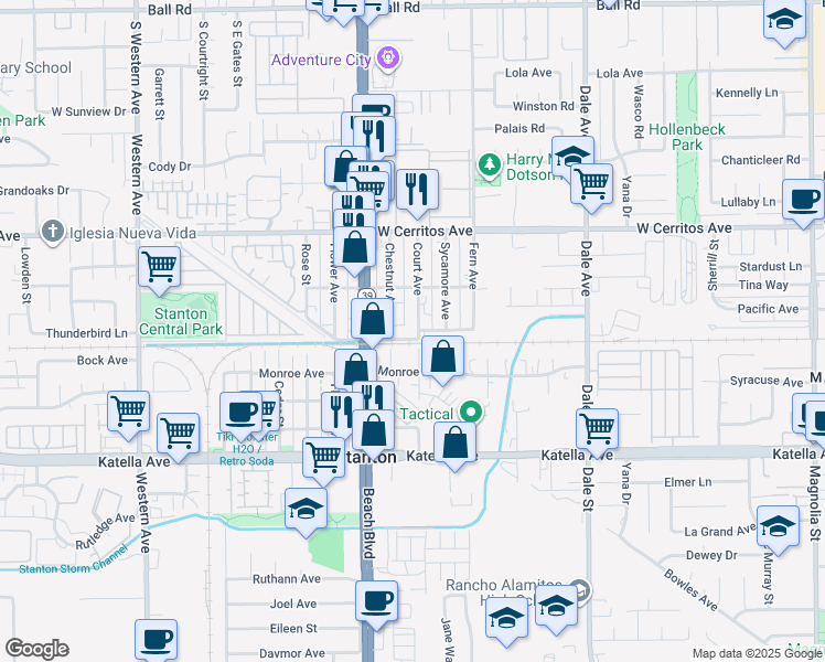 map of restaurants, bars, coffee shops, grocery stores, and more near 8097 Pacific Street in Stanton