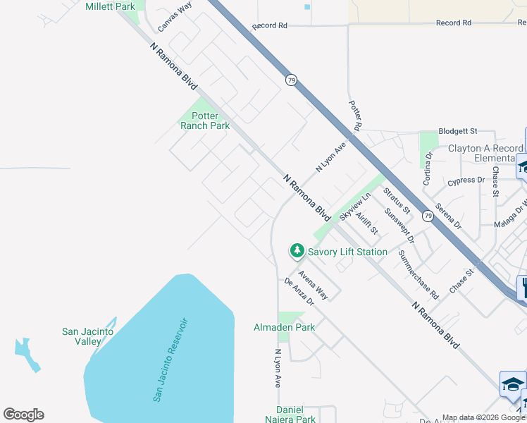 map of restaurants, bars, coffee shops, grocery stores, and more near Noblewood Drive in San Jacinto