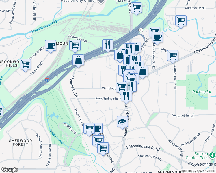 map of restaurants, bars, coffee shops, grocery stores, and more near 512 Wimbledon Road Northeast in Atlanta