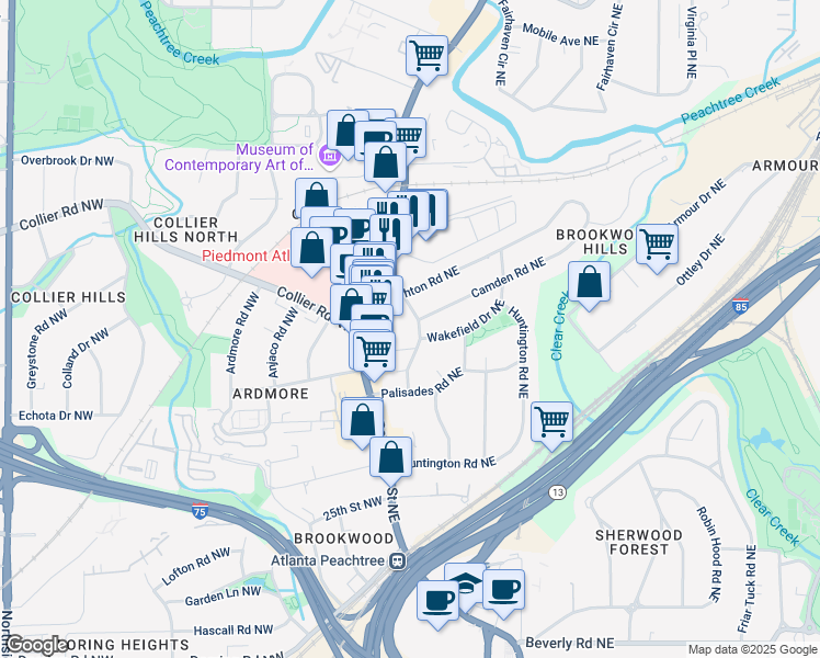 map of restaurants, bars, coffee shops, grocery stores, and more near 46 Montclair Drive Northeast in Atlanta
