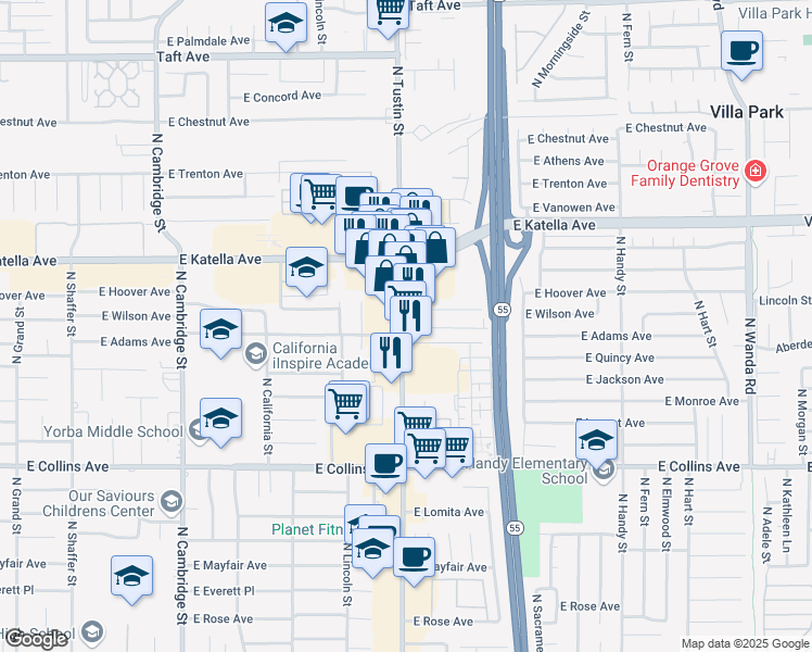 map of restaurants, bars, coffee shops, grocery stores, and more near 1161A North Tustin Street in Orange