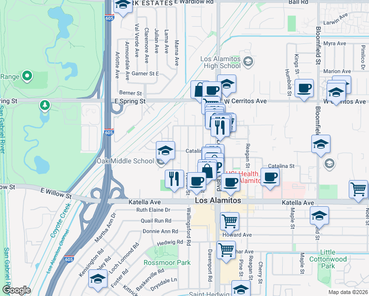 map of restaurants, bars, coffee shops, grocery stores, and more near 10725 Walnut Street in Los Alamitos