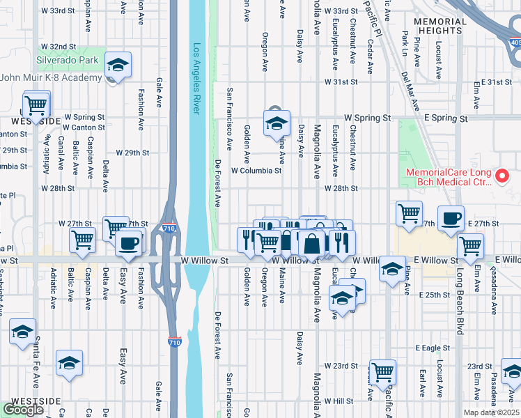 map of restaurants, bars, coffee shops, grocery stores, and more near 2741 Oregon Avenue in Long Beach