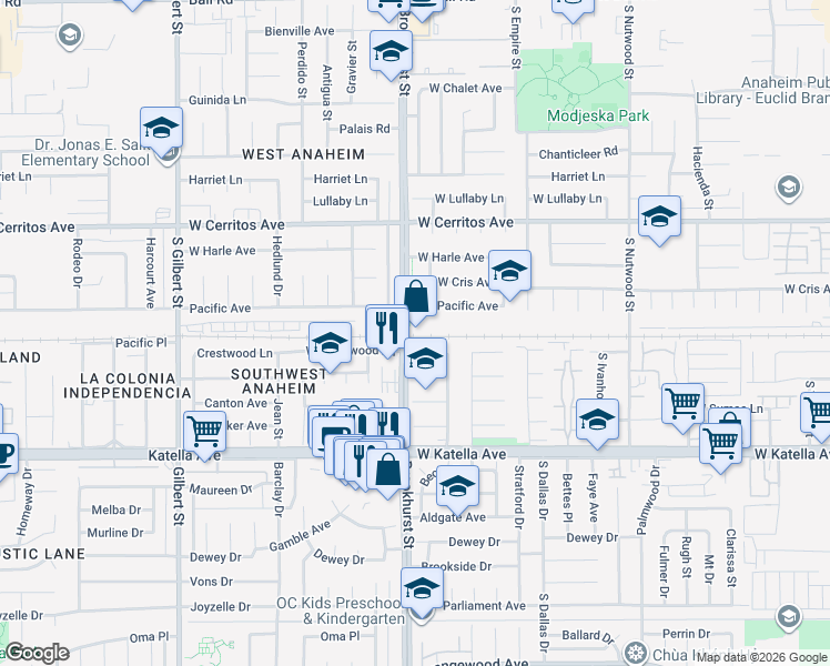 map of restaurants, bars, coffee shops, grocery stores, and more near 1664 South Brookhurst Street in Anaheim