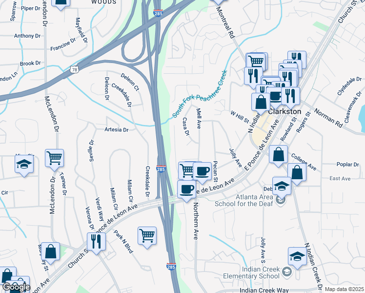 map of restaurants, bars, coffee shops, grocery stores, and more near 3430 Casa Court in Clarkston