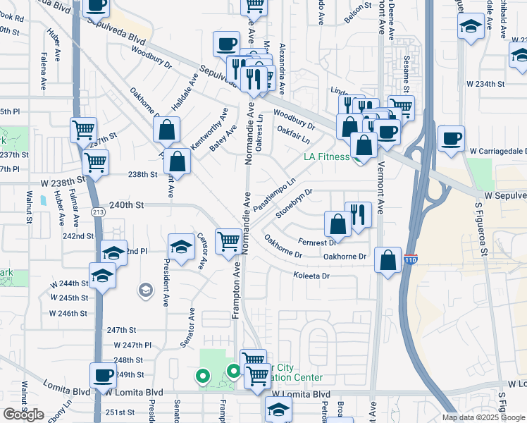 map of restaurants, bars, coffee shops, grocery stores, and more near 23950 Pasatiempo Ln in West Carson