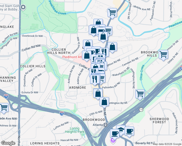 map of restaurants, bars, coffee shops, grocery stores, and more near in Atlanta