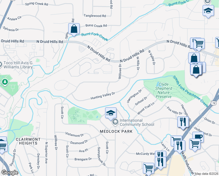 map of restaurants, bars, coffee shops, grocery stores, and more near 975 Hunting Valley Place in Decatur
