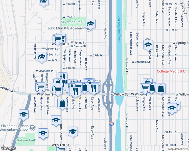 map of restaurants, bars, coffee shops, grocery stores, and more near 2740 Easy Avenue in Long Beach