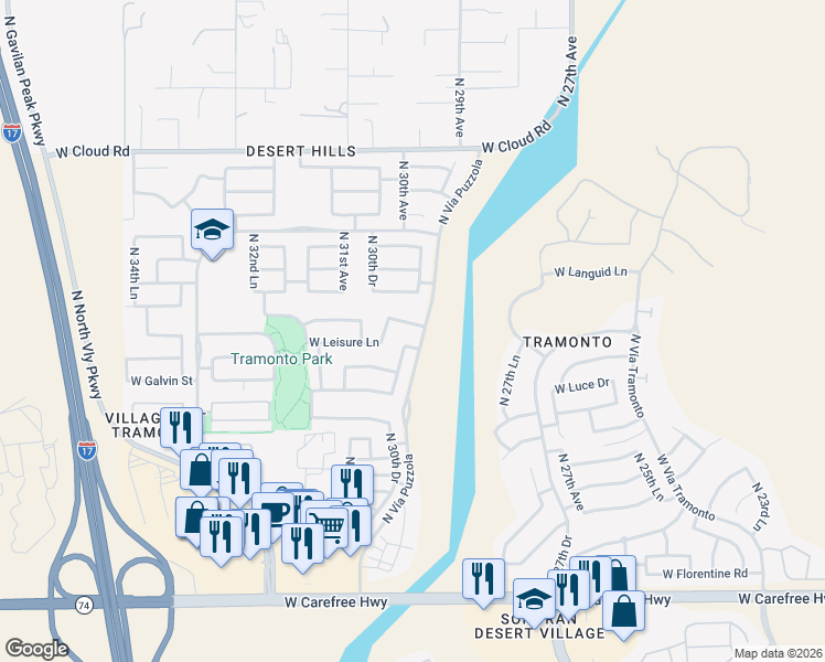 map of restaurants, bars, coffee shops, grocery stores, and more near 35514 North Vía Puzzola in Phoenix