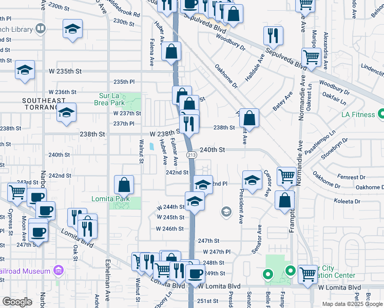map of restaurants, bars, coffee shops, grocery stores, and more near 1706 240th Street in Lomita