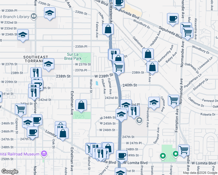 map of restaurants, bars, coffee shops, grocery stores, and more near 24006 Huber Avenue in Torrance