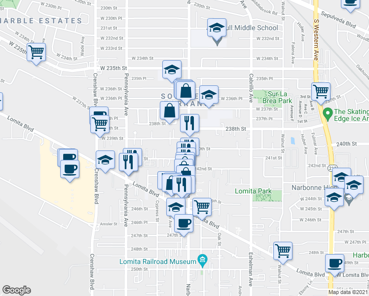 map of restaurants, bars, coffee shops, grocery stores, and more near 24001 Narbonne Avenue in Lomita