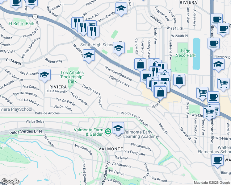 map of restaurants, bars, coffee shops, grocery stores, and more near 4533 Vista Largo in Torrance