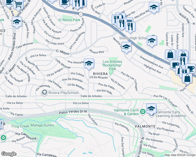 map of restaurants, bars, coffee shops, grocery stores, and more near in Torrance