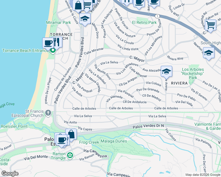 map of restaurants, bars, coffee shops, grocery stores, and more near 221 Via Pasqual in Redondo Beach