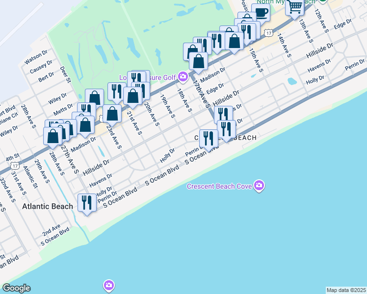 map of restaurants, bars, coffee shops, grocery stores, and more near 1907 Holly Drive in North Myrtle Beach