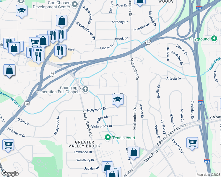 map of restaurants, bars, coffee shops, grocery stores, and more near 3063 Leafwood Drive in Decatur