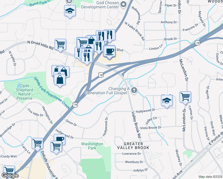 map of restaurants, bars, coffee shops, grocery stores, and more near 2907 Concord Drive in Decatur