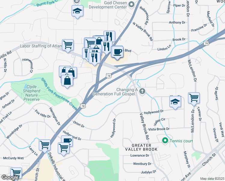 map of restaurants, bars, coffee shops, grocery stores, and more near 2888 Concord Drive in Decatur