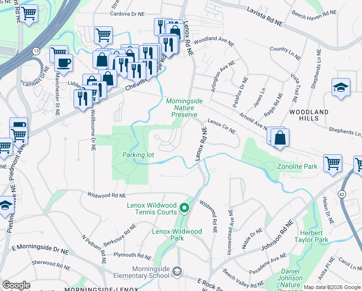 map of restaurants, bars, coffee shops, grocery stores, and more near 1118 Morningside Place Northeast in Atlanta