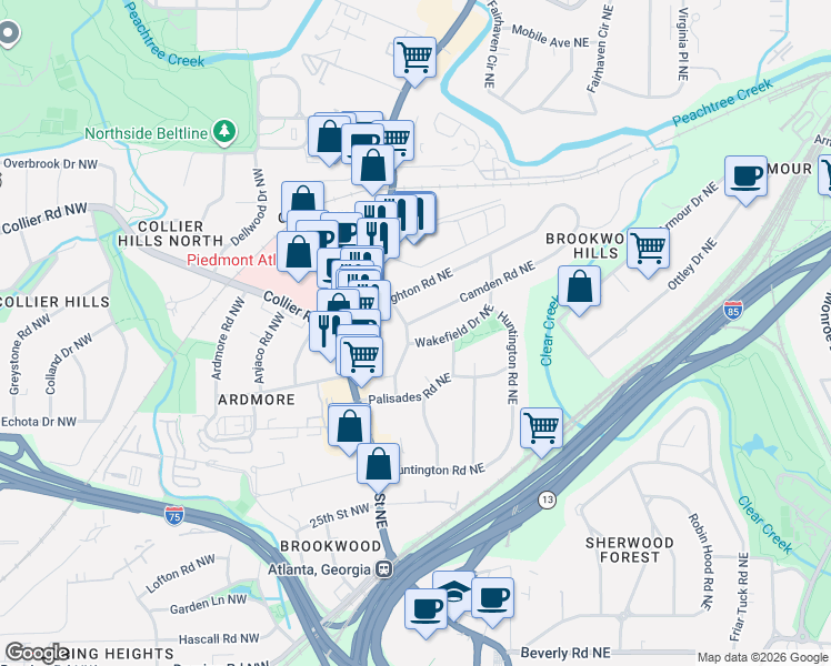 map of restaurants, bars, coffee shops, grocery stores, and more near 45 Montclair Drive Northeast in Atlanta
