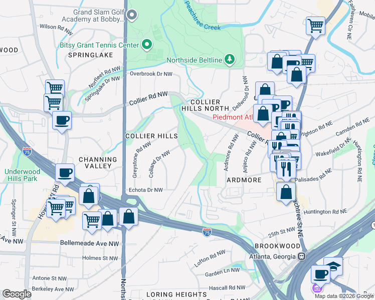 map of restaurants, bars, coffee shops, grocery stores, and more near 1911 Walthall Drive Northwest in Atlanta