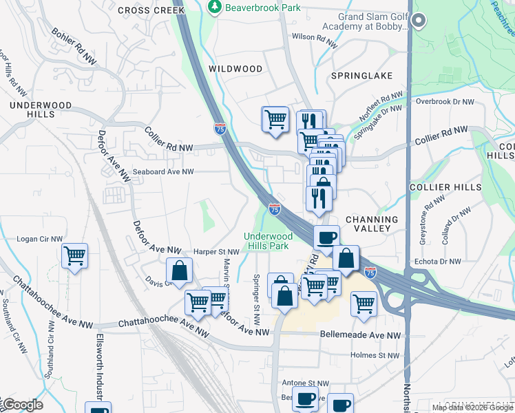 map of restaurants, bars, coffee shops, grocery stores, and more near 1892 Harper Road Northwest in Atlanta