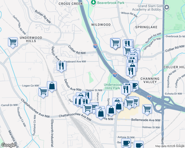 map of restaurants, bars, coffee shops, grocery stores, and more near 1990 Cambria Avenue Northwest in Atlanta