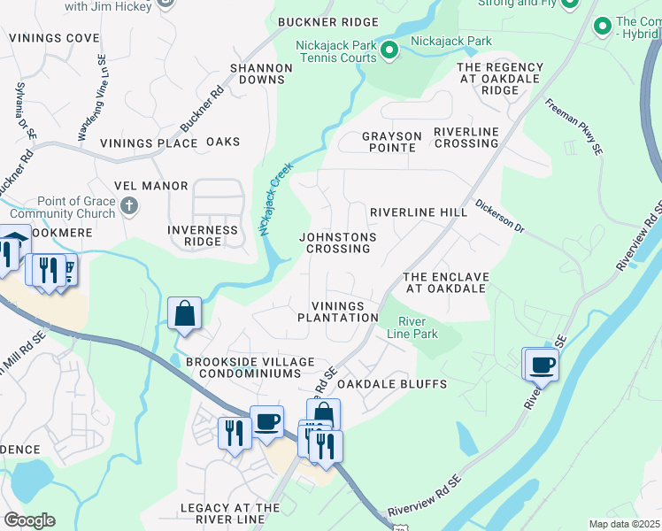 map of restaurants, bars, coffee shops, grocery stores, and more near 6002 Farmwood Way Southeast in Mableton
