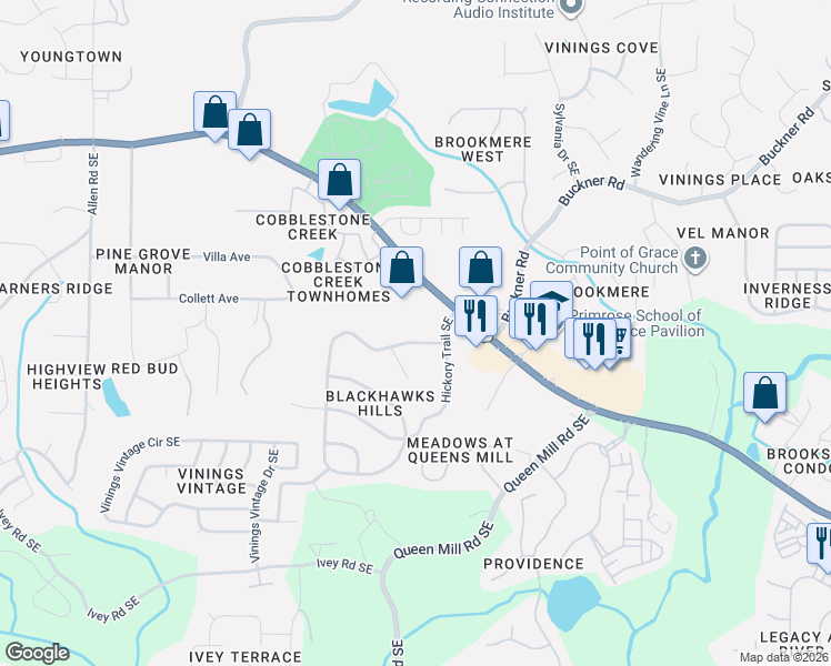 map of restaurants, bars, coffee shops, grocery stores, and more near 6012 Blackhawk Trail Southeast in Mableton