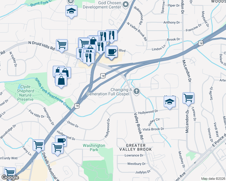map of restaurants, bars, coffee shops, grocery stores, and more near 2907 Concord Drive in Decatur
