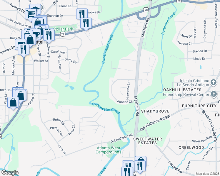 map of restaurants, bars, coffee shops, grocery stores, and more near 1134 Pontiac Circle in Austell