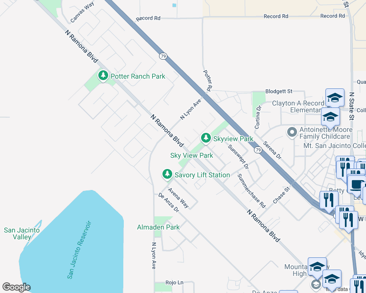 map of restaurants, bars, coffee shops, grocery stores, and more near 1545 North Ramona Boulevard in San Jacinto