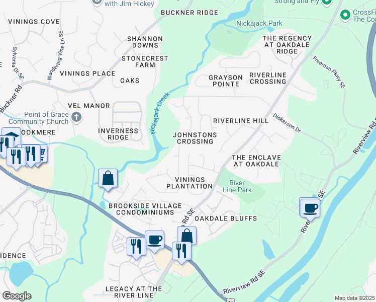 map of restaurants, bars, coffee shops, grocery stores, and more near 6002 Farmwood Way Southeast in Mableton