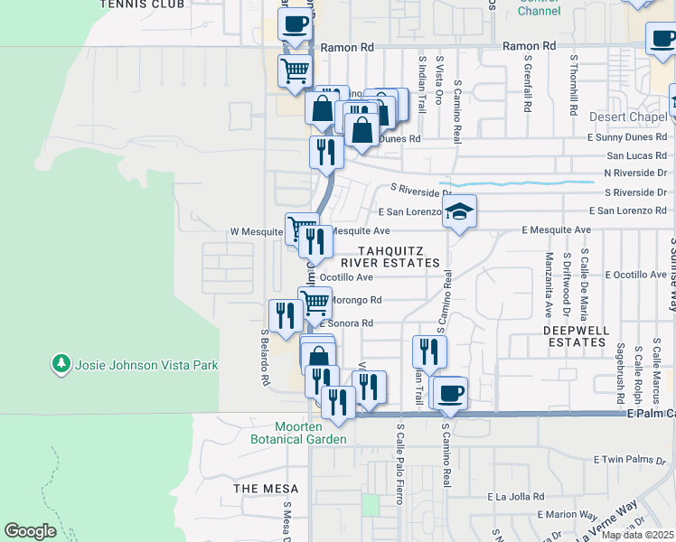 map of restaurants, bars, coffee shops, grocery stores, and more near 154 Ocotillo Avenue in Palm Springs