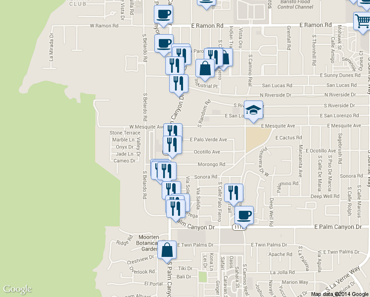 map of restaurants, bars, coffee shops, grocery stores, and more near 154 East Ocotillo Avenue in Palm Springs