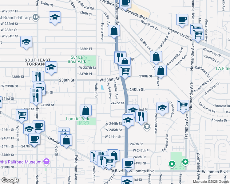 map of restaurants, bars, coffee shops, grocery stores, and more near 24005 Fulmar Avenue in Torrance
