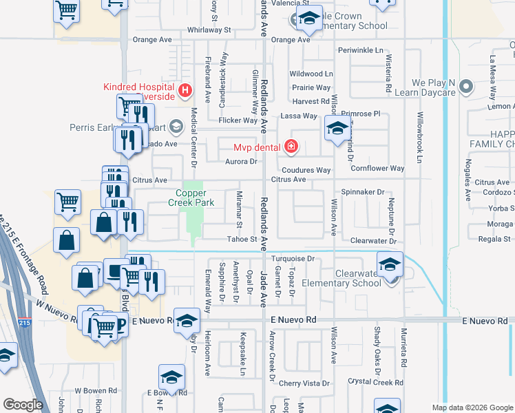 map of restaurants, bars, coffee shops, grocery stores, and more near 1917 Havasu Street in Perris