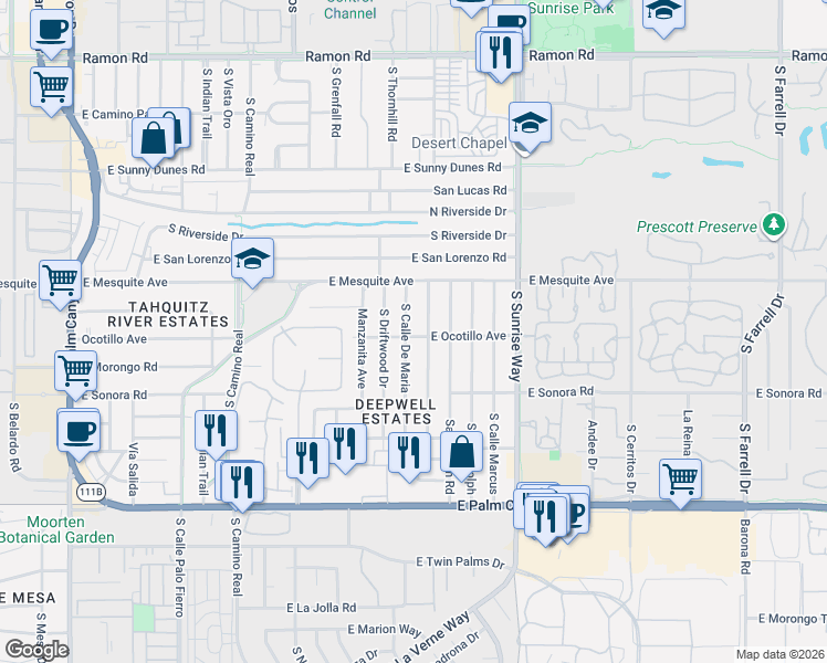 map of restaurants, bars, coffee shops, grocery stores, and more near 1189 South Paseo De Marcia in Palm Springs
