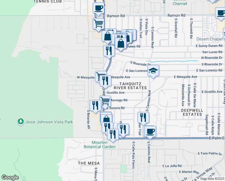 map of restaurants, bars, coffee shops, grocery stores, and more near 154 Ocotillo Avenue in Palm Springs