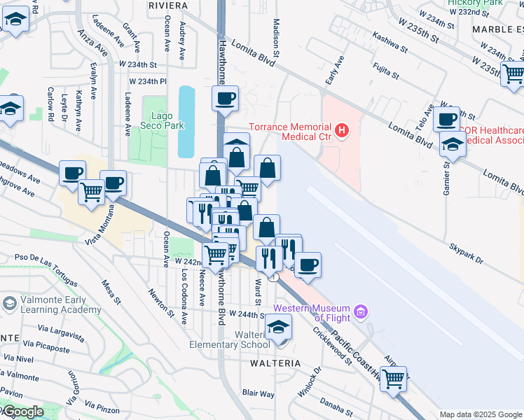 map of restaurants, bars, coffee shops, grocery stores, and more near 23950 Madison Street in Torrance
