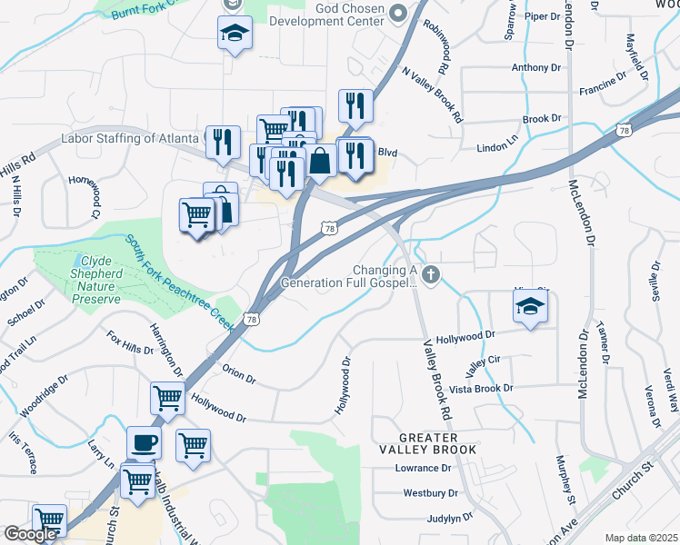 map of restaurants, bars, coffee shops, grocery stores, and more near 2888 Concord Drive in Decatur